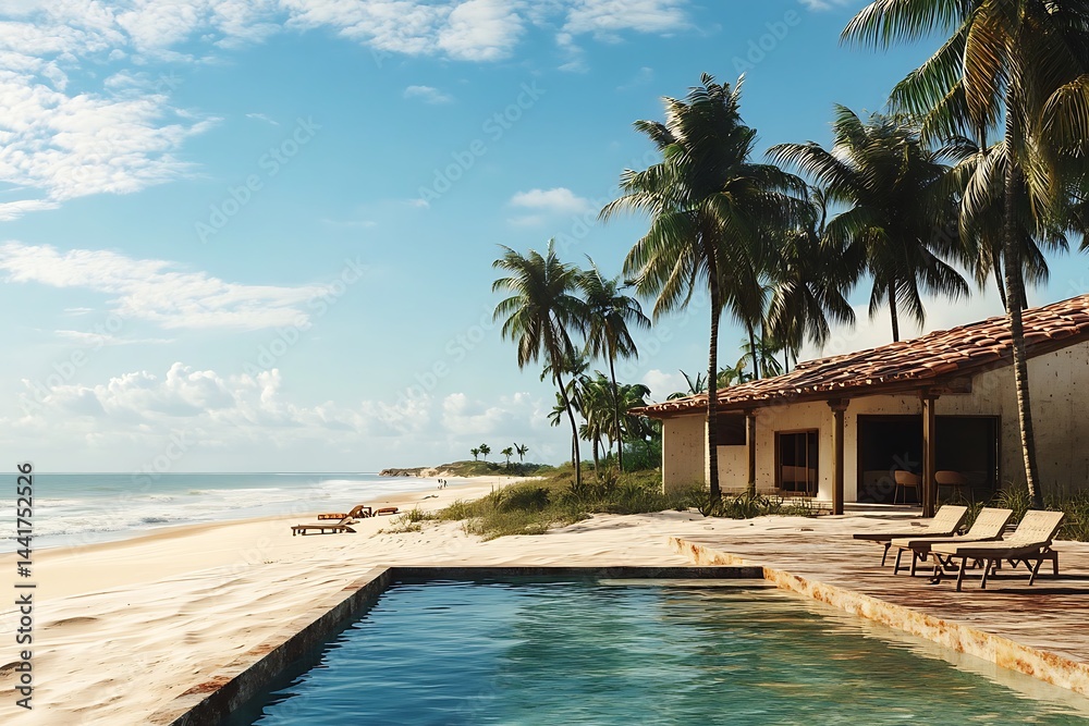Obraz premium Beachfront Villa with Pool Deck, Lounge Chairs and Palm Trees under Sunny Sky