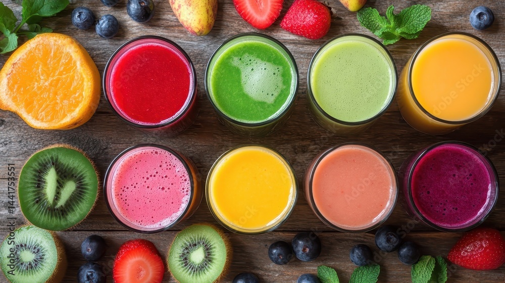 Fruit Juice. Healthy Smoothies with Fresh Fruits and Vegetables for a Nutritious Drink