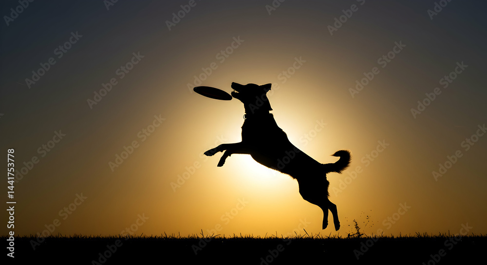 Silhouetted Dog Catching Frisbee at Sunset Golden Hour Playful Canine Fun Active Pet Outdoors Joyful Jump Silhouetted Dog Catching Frisbee at Sunset Golden Hour Playful Canine Fun Active Pet Outdoors Joyful Jump