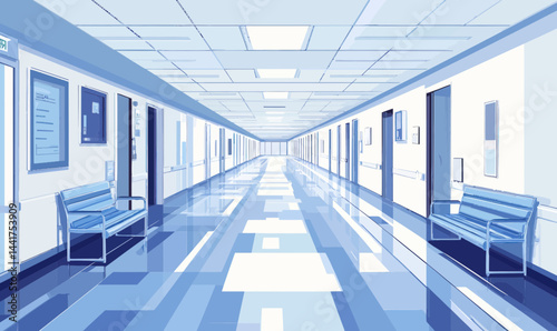 Minimalist Hospital Corridor Vector Illustration with Patient Rooms in Clinical Whites and Blues