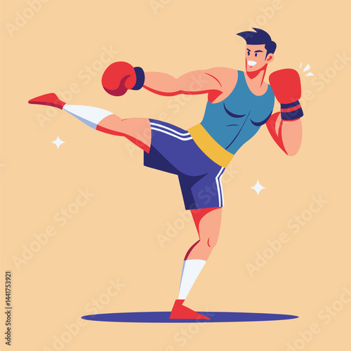 man boxing. male fighter in boxing gloves practices kick, punching and hitting. Strong  athlete at sports training or workout. Flat vector illustration isolated on background