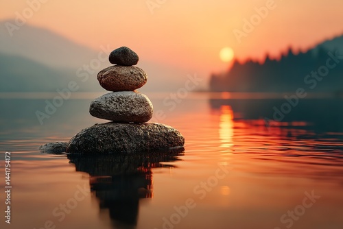 Calm Nature Scene: Zen Stone Stack in Water at Sunset. Generative Ai