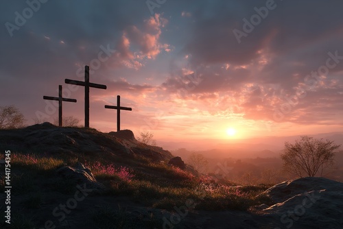 On a hill, three black crosses rise against the setting light. The crucifixion of Jesus Christ is depicted in the religious Easter theme. Generative Ai