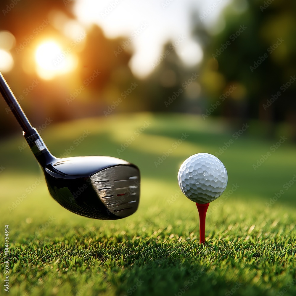 Golfing at Sunset: Driver poised to strike a golf ball on the tee against a scenic course backdrop.