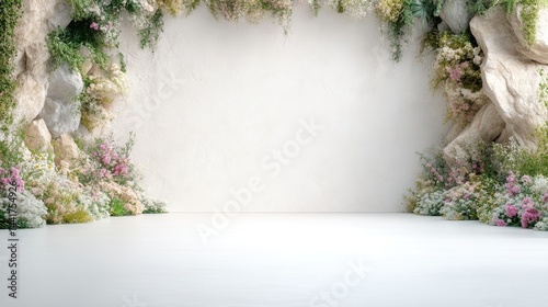 Empty stage framed by flowers and rocks