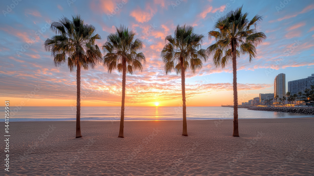 Obraz premium Vibrant sunset over serene beach with silhouetted palm trees and city skyline