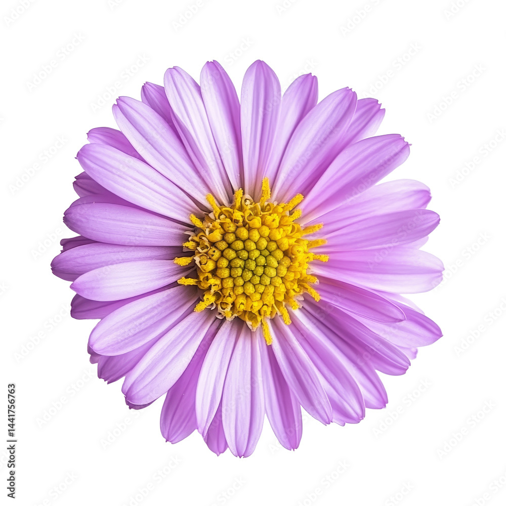 Obraz premium A vibrant purple aster flower with a yellow center, set against a transparent background, Aster flower in , isolated on a transparent background
