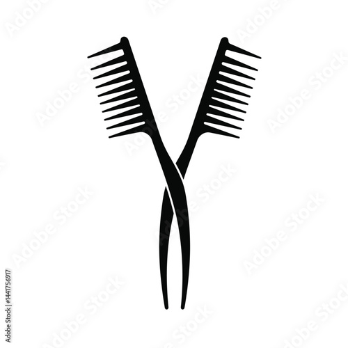 Two black hair combs crossed illustration salon tools barber equipment isolated design