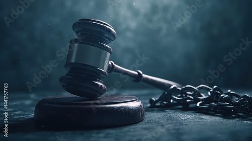 Gavel on Stand with Chain Symbolizing Justice and Legal Proceedings in Dramatic Lighting Background