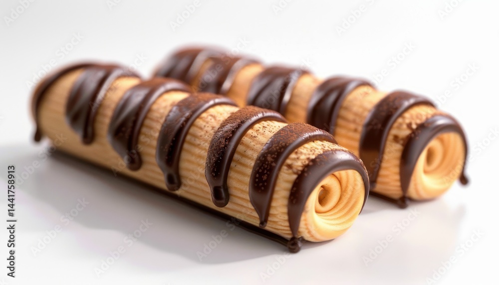 two rolled wafer cookies filled with cream and drizzled with chocolate sauce on a white background evoking a sense of indulgence and sweetness two rolled wafer cookies filled with cream and drizzled with chocolate sauce on a white background evoking a sense of indulgence and sweetness
