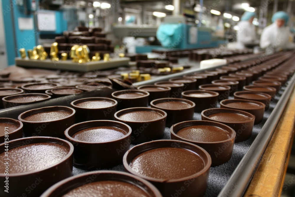 Conveyor line with filled chocolates in a food processing factory, automated dessert production facility showing confectioneries moving Conveyor line with filled chocolates in a food processing factory, automated dessert production facility showing confectioneries moving