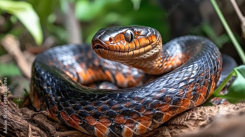 Fototapeta premium King cobra slithering in lush jungle wildlife photography natural habitat close-up perspective serpent behavior