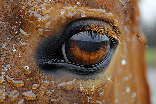 Close-Up of a Horse's Eye with Reflections in Raindrops for Nature Photography