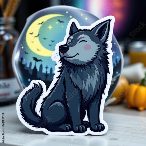 Vinyl sticker of a cuddly werewolf howling at the stars.