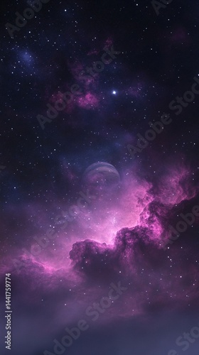 A deep space nebula with gas clouds swirling in shades of blue, pink, and violet, lit by the light of distant stars