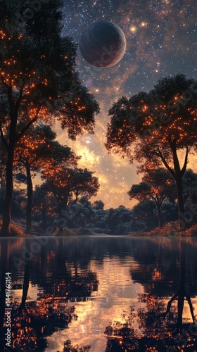 An alien lake surrounded by alien trees with luminous leaves, reflecting the stars and distant planets in its waters