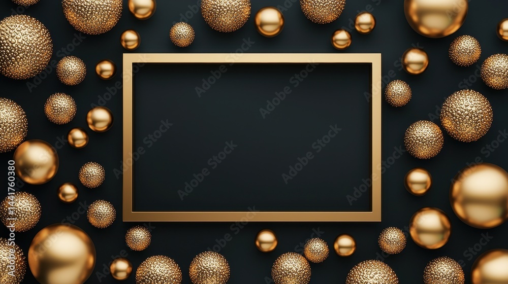 Fototapeta premium Elegant Gold Spheres and Frame on Dark Background for Creative Design and Artwork Presentation