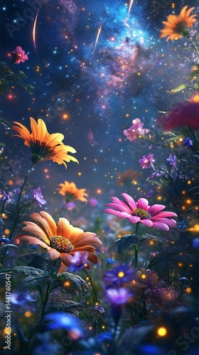 Fantasy Flower Meadow Under Colorful Galaxy Sky 