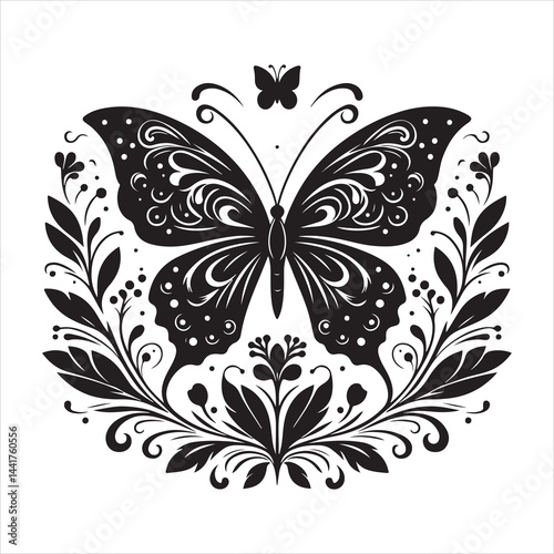 a clear butterfly  silhouette, vector, black color silhouette ,wite colour background 