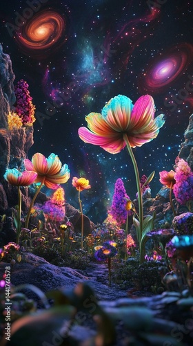 Fantasy Flower Meadow Under Colorful Galaxy Sky 