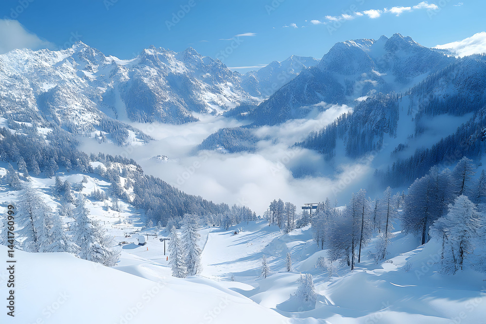 Fototapeta premium Winter Wonderland in Snowy Alpine Mountains for Seasonal Decor and Travel Inspiration