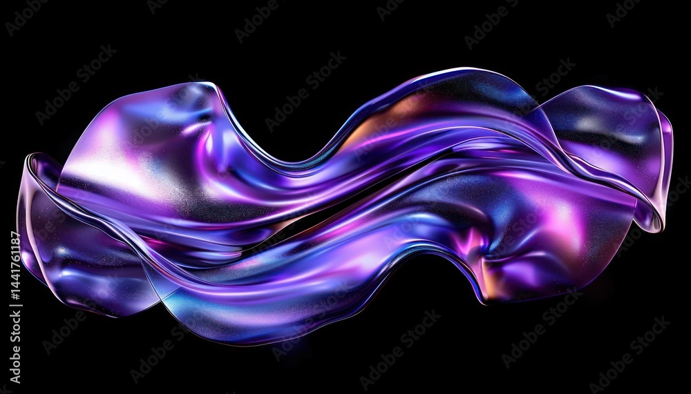 Obraz premium A flowing, glossy, and iridescent ribbon-like shape suspended against a black background, featuring smooth curves and a vibrant blend of purple, blue, and pink hues conveying fluidity and elegance