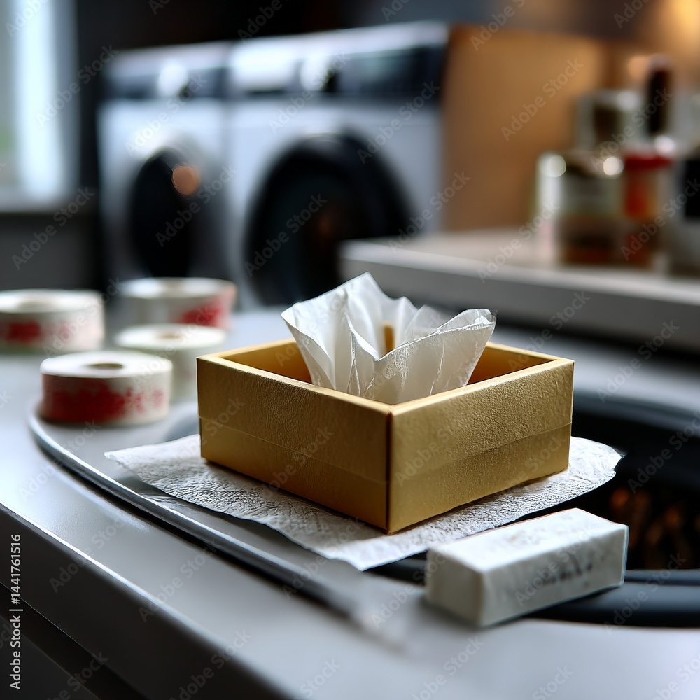 Tapes and Tissues: A Still Life with a Golden Box, White Tissues, Rolls of Tape, and an Unfocused Background Wash Machine.