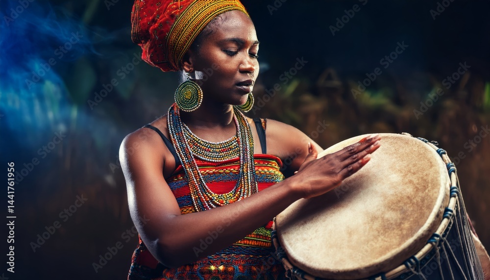 Fototapeta premium A woman in vibrant traditional attire plays a drum, expressing cultural heritage through music and rhythm.