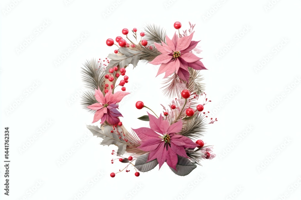 Obraz premium Festive Poinsettia Wreath with Red Berries and Silver Foliage on White Background