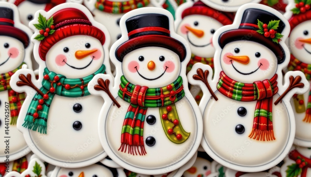Fototapeta premium Stickers of smiling snowmen decorated with holly and berries.