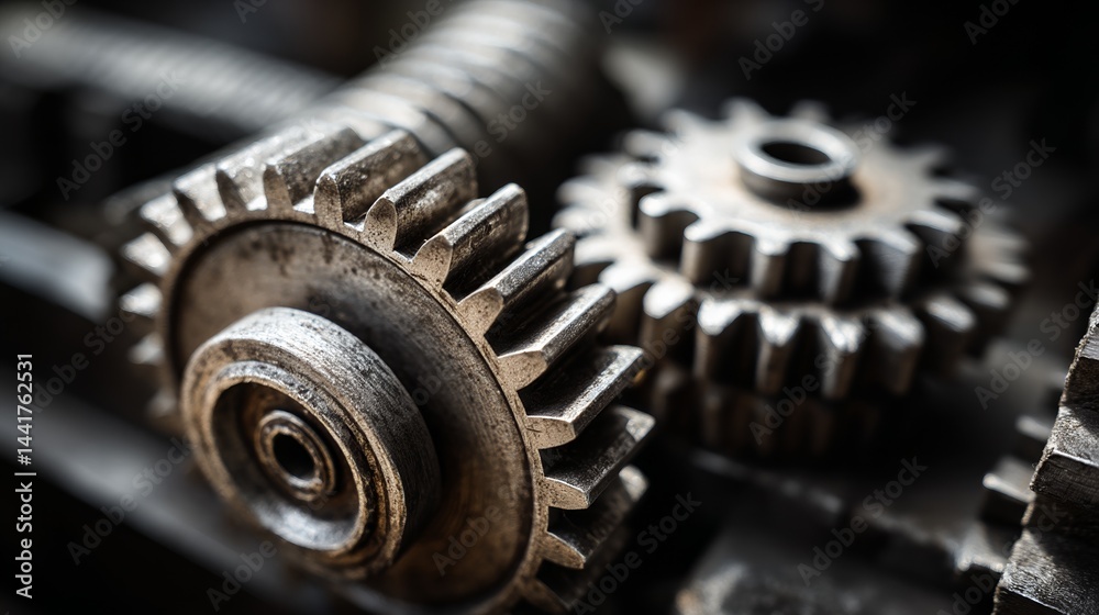 Close-up of interlocking gears with metallic sheen, precision mechanics in motion, symbolizing industrial efficiency and intricate engineering. Close-up of interlocking gears with metallic sheen, precision mechanics in motion, symbolizing industrial efficiency and intricate engineering.