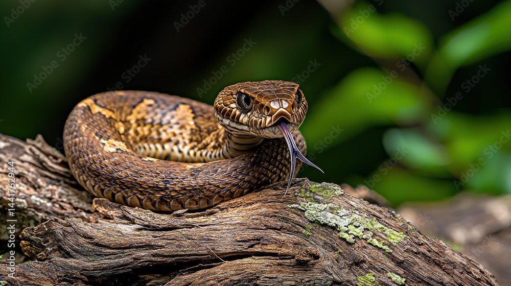Fototapeta premium Russell's viper in the wild captivating serpent on a log tropical forest close-up photography nature's beauty