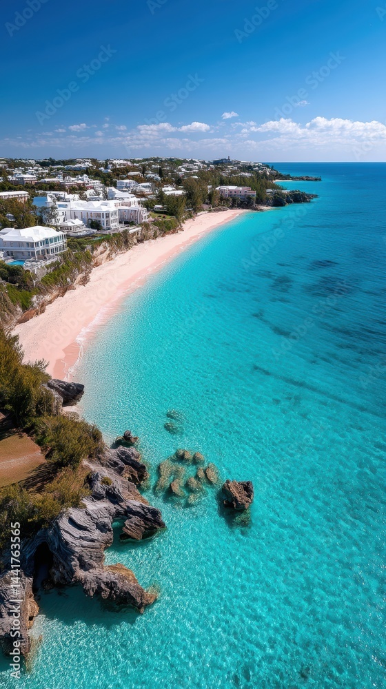 Obraz premium Aerial view reveals a pristine beach, turquoise water, and a luxurious resort on a picturesque Bermuda island - turquoise relaxation beach coastline