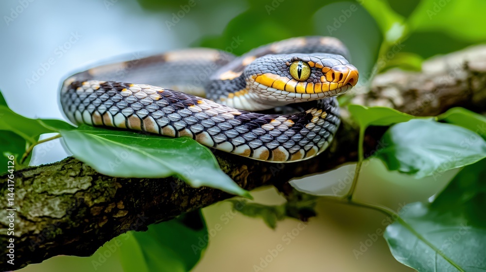 Resting cat snake on tree branch lush forest wildlife photography serene environment close-up view nature's beauty Resting cat snake on tree branch lush forest wildlife photography serene environment close-up view nature's beauty