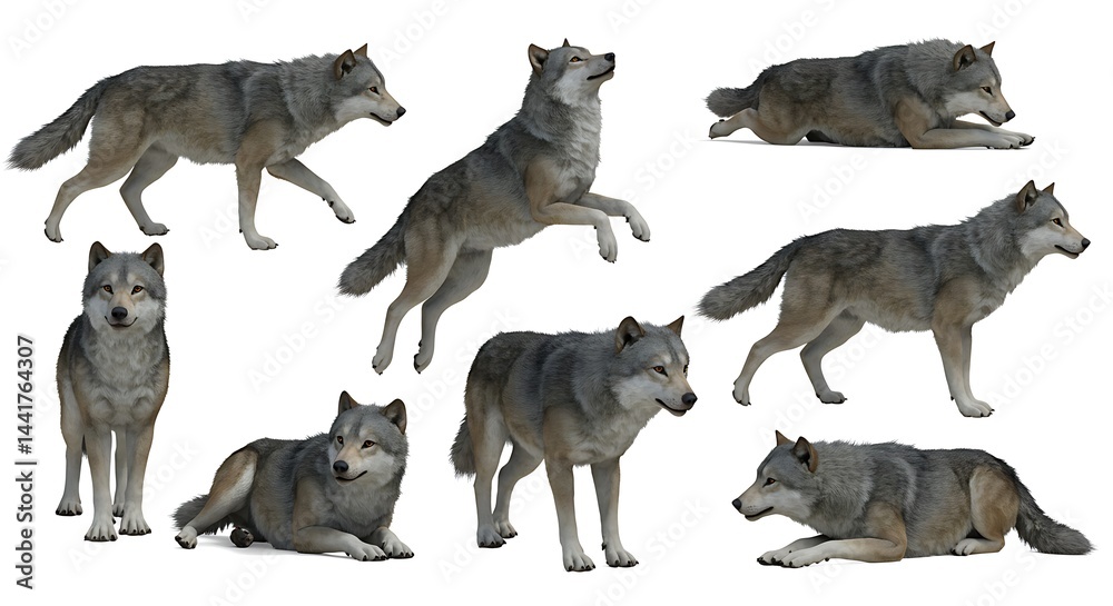 Fototapeta premium Wolf Pack in Various Poses Isolated on White Background