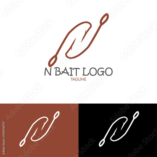 kail panncingInitial N for bait logo.  Suitable for fishing equipment stores, fishing grounds or fishing communities. Hook, hobby, fishing, water, sea, sharp. Vector