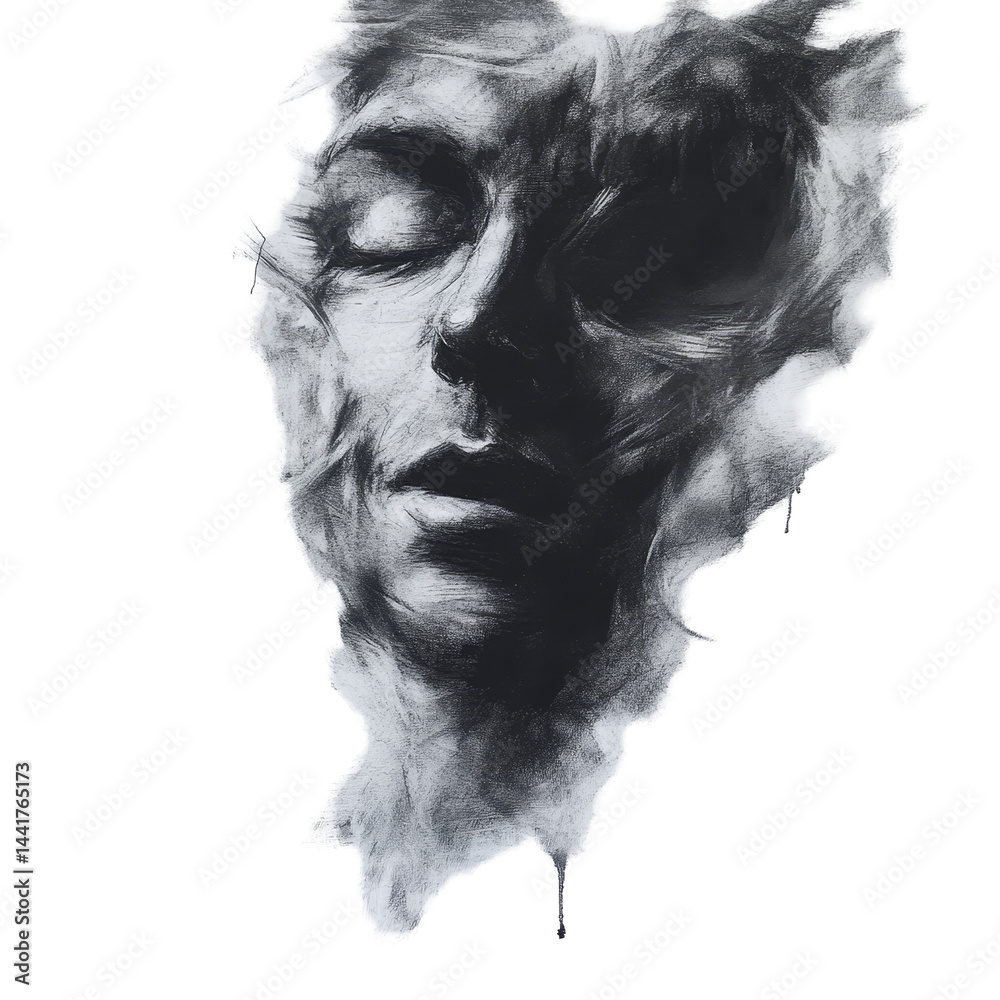 Fototapeta premium Abstract charcoal portrait on transparent background capturing a moment of introspection and emotion in a dreamy, flowing style, charcoal on transparent background