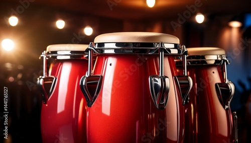 Three shiny red conga drums stand under warm lights in a cozy music studio setting.
