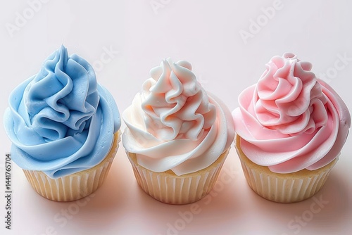 Three vanilla cupcakes with smooth swirled frosting in pastel blue, white, and pink colors arranged in a row against a light background, conveying a soft and inviting mood photo