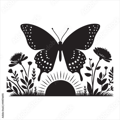 a clear butterfly  silhouette, vector, black color silhouette ,wite colour background 