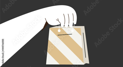 Flat design illustration of a hand holding a shopping bag, symbolizing shopping, retail, and consumerism in a clean, minimalist style, showcasing a simple and stylish everyday moment.