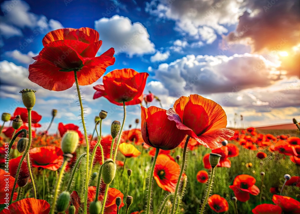 Obraz premium Fiery Poppies: Stunning Red Poppy Field Photography, Blooming Flowers, Wild Poppy Meadow, Nature Scenery, Vibrant Red Flowers