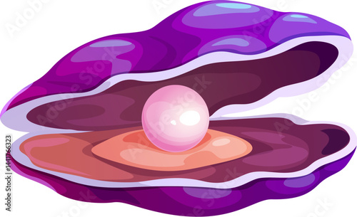 Cartoon pearl shell, oyster and scallop underwater seashell with large pearl resting inside. Vector purple conch, whimsical ocean treasure, game asset with smooth, glossy texture and pink luxury pearl