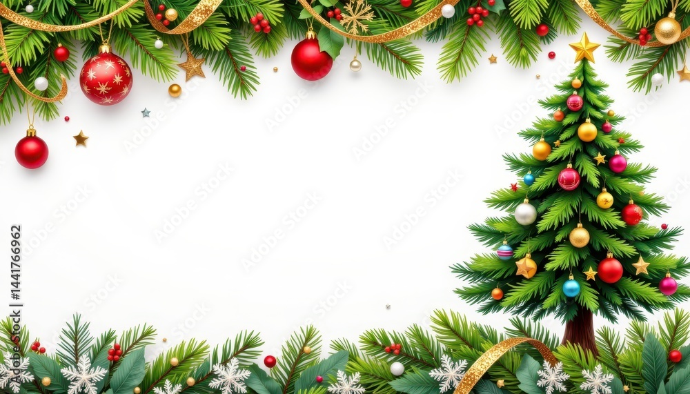 Christmas tree border stickers with ornaments and tinsel. Christmas tree border stickers with ornaments and tinsel.
