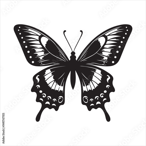 a clear butterfly  silhouette, vector, black color silhouette ,wite colour background 