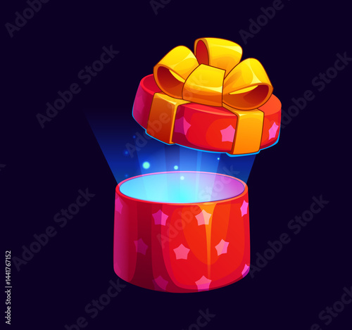 Gift box game icon. Cartoon vector red and gold giftbox with golden ribbon bow, the lid floating with magical glowing light emerging from within, symbolizing mystery, surprise, gaming asset or reward