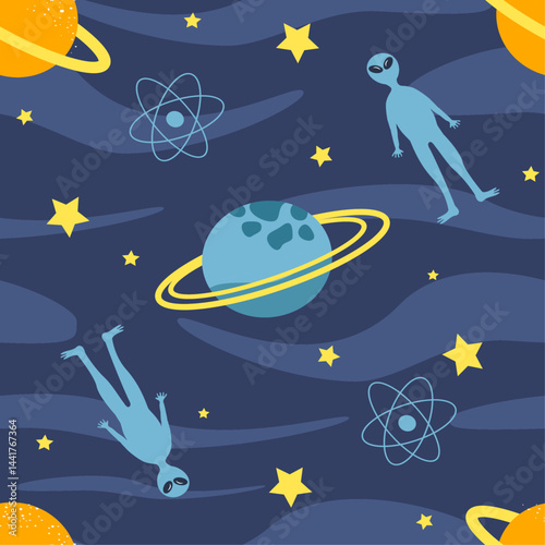 vector seamless childish pattern with planets and aliens