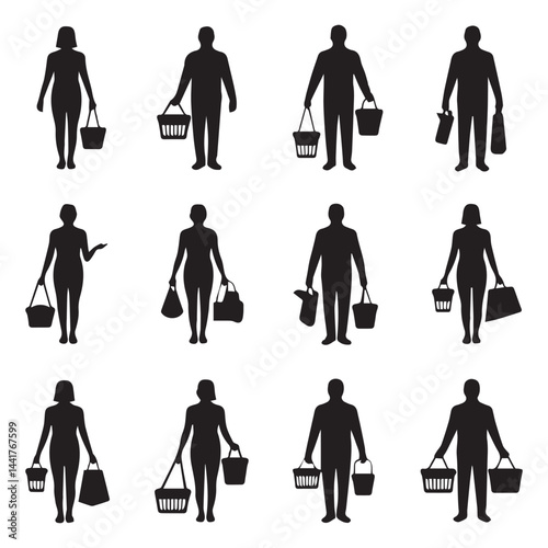 Silhouettes of People Shopping with Baskets