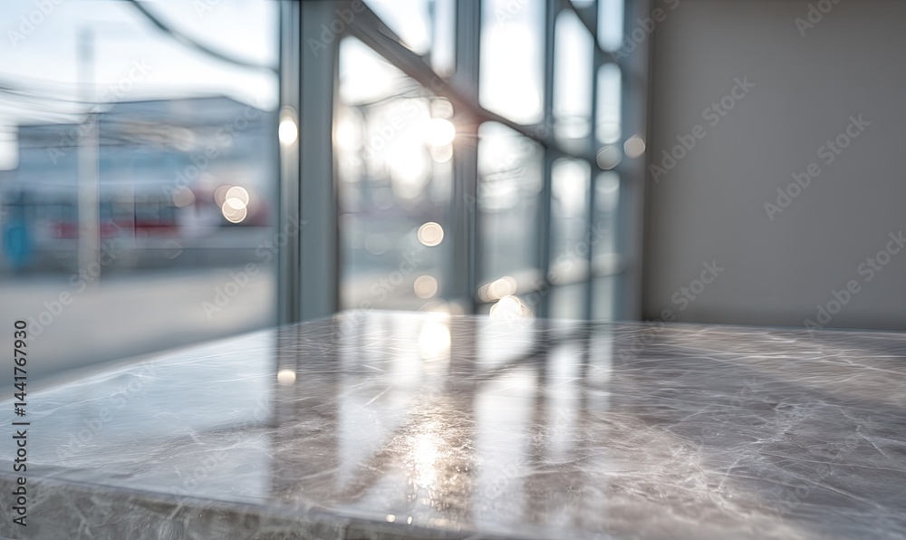 Modern, light-filled interior space with marble table