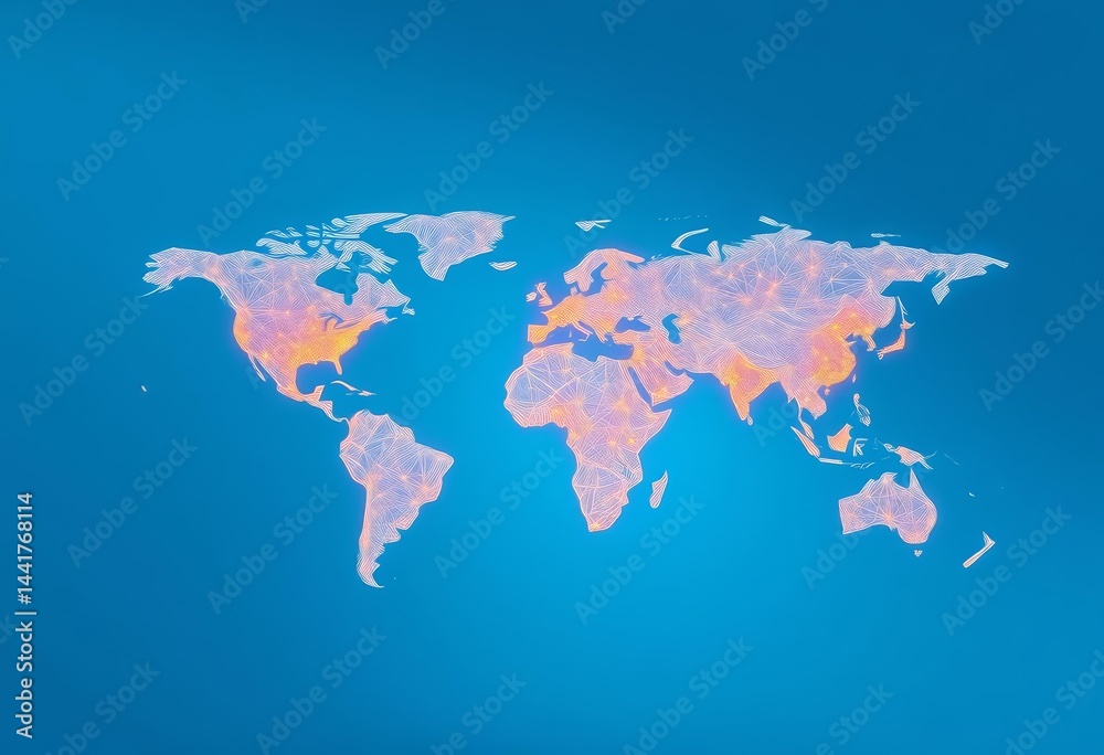 Obraz premium Light blue background, world map with glowing network connections, technology, international network